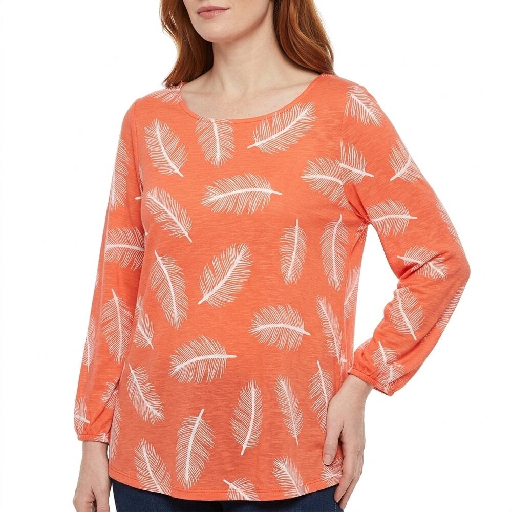 Hourglass Lilly Feather Print Knit Lightweight Top Women See Measurements
